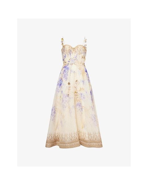 Zimmermann Natural Dawning Picnic Floral-Print Linen And Silk-Blend Midi Dress