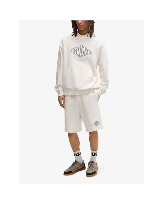 HUGO White Branded Kangaroo-Pocket Cotton-Jersey Hoody for men