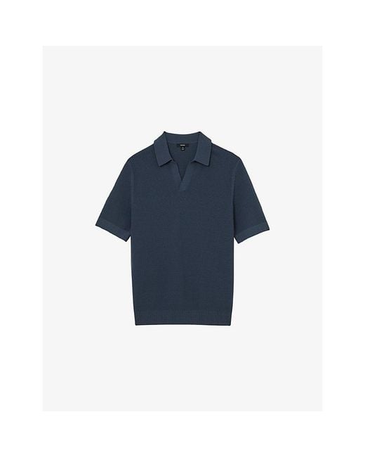 Reiss Blue Leon Open-Collar Textured Cotton-Blend Polo for men