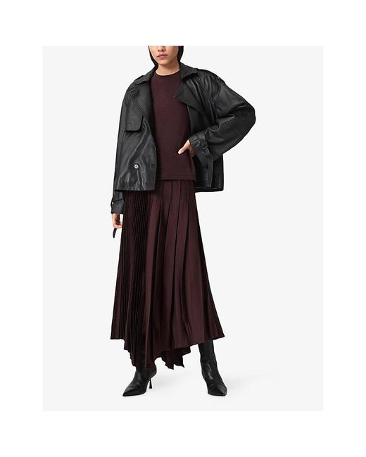AllSaints Brown Jax Pleated Satin Midi Skirt