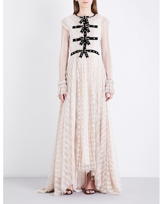 Philosophy Di Lorenzo Serafini White Velvet-trim Floral-lace Gown