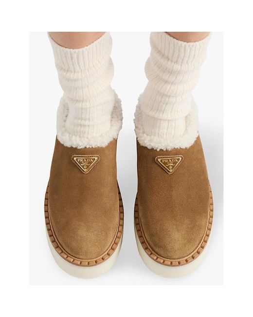 Prada Brown Brand-Plaque Shearling-Lined Suede Mules
