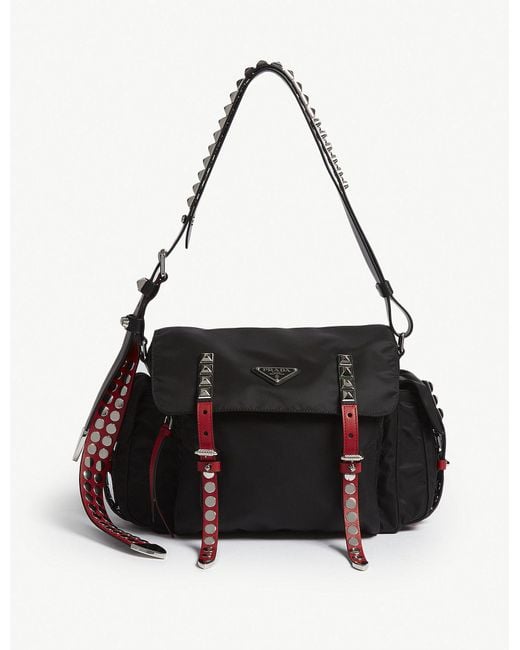 Prada Ladies Black Studded Nylon Messenger Bag
