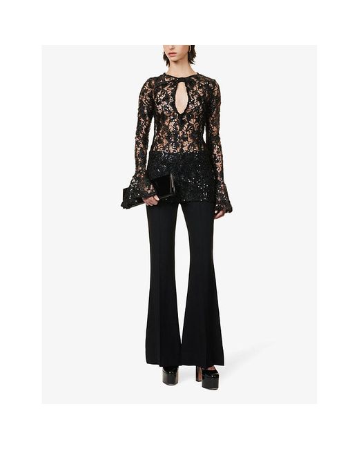 Nina Ricci Black Sequin-embellished Bell-sleeve Lace Top