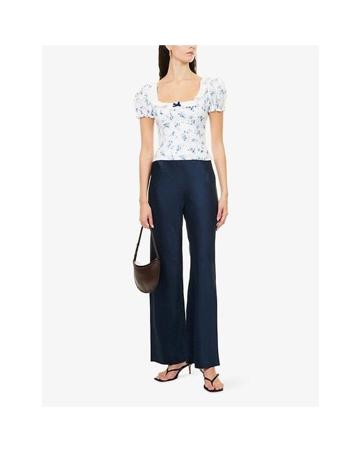 Reformation Blue Alice Floral-Print Puff-Sleeve Linen Top