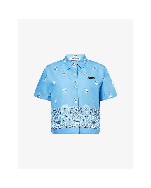 Miu Miu Blue Boxy-Fit Graphic-Pattern Cotton-And-Linen Shirt