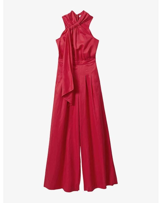 Reiss Red Selena Halter-neck Drape Linen Jumpsuit