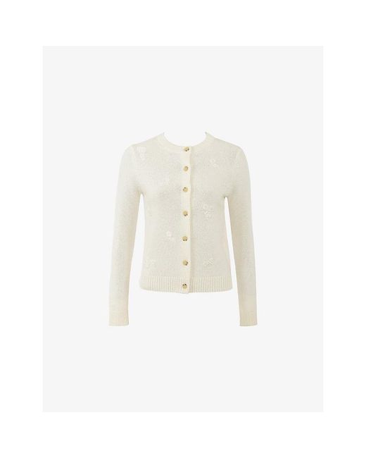 House Of Cb White Poppie Scatter-Floral Wool And Cashmere Cardigan