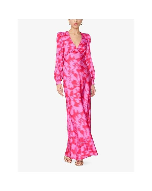 OMNES Pink Francoise V-Neck Floral-Print Satin Maxi Dress