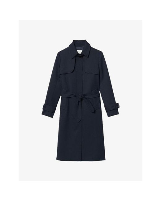 Sandro Blue Pleated-Panel Twill Trench Coat
