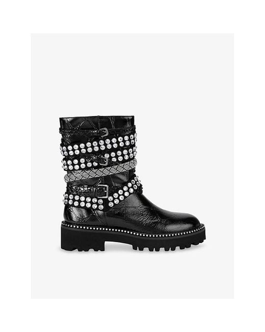 Kurt Geiger Black Multi Strap Flat Leather Ankle Boots