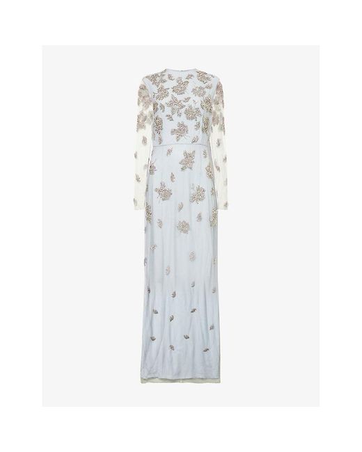 Erdem Blue Long-Sleeve Crystal-Embellished Tulle Gown