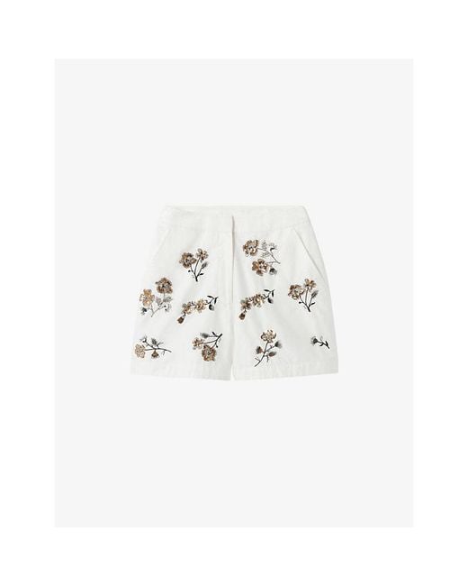 Claudie Pierlot White Floral-Embroidered Mid-Rise Cotton Shorts