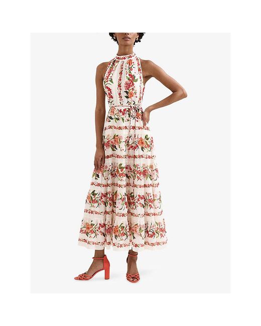 Phase Eight Pink Nita Floral-Print Linen-Blend Midi Dress