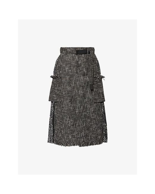 Sacai Gray Pleated Graphic-Pattern Tweed Midi Skirt