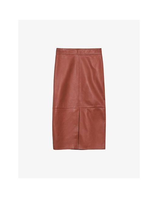 Reiss Brown Miley High-Rise Leather Midi Skirt