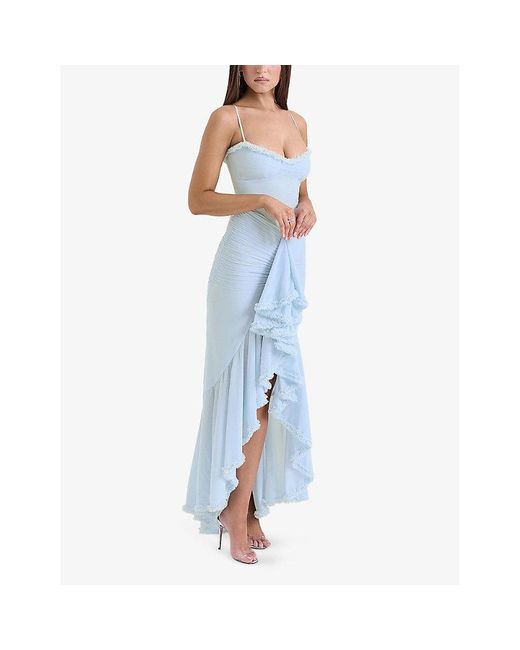 House Of Cb Blue Gabbi Ruffled-Front Slim-Fit Stretch-Mesh Maxi Dress