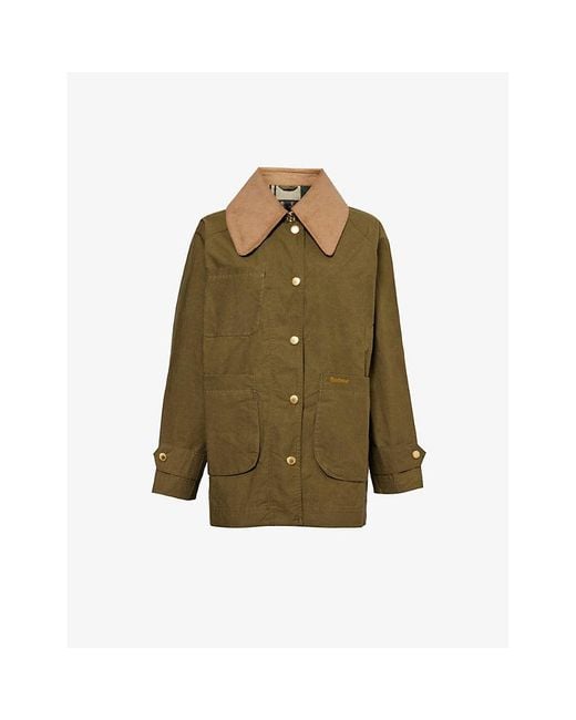 Barbour Green Dusky Hutton Showerproof Corduroy-Collar Cotton Jacket