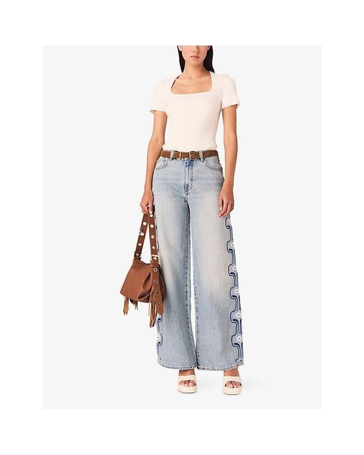 Maje Blue Floral-Embroidered Wide-Leg Denim Jeans