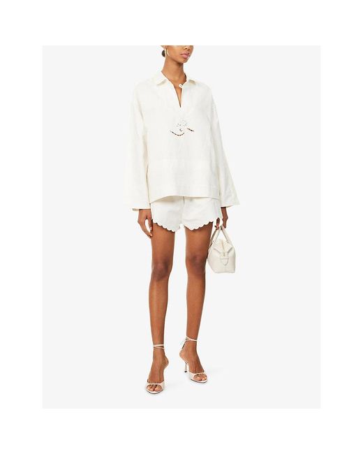 Victoria Beckham White Embroidered Scallop-Hem Linen And Cotton-Blend Shorts