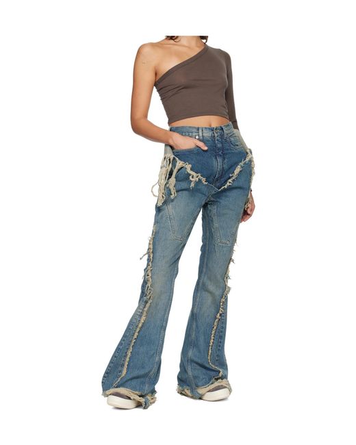 Rick Owens Blue Temple Slivered Flared Jeans