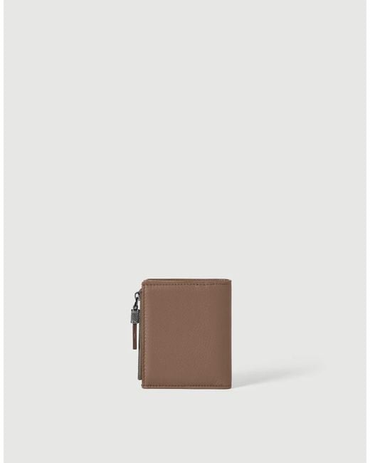 Brunello Cucinelli Brown Grained Calfskin Compact Wallet With Shiny Zipper Pull