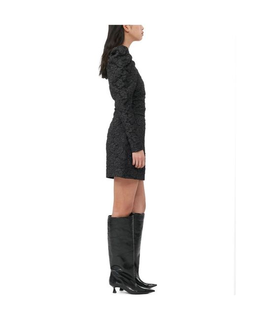 Ganni Black Jacquard V-Neck Mini Dress