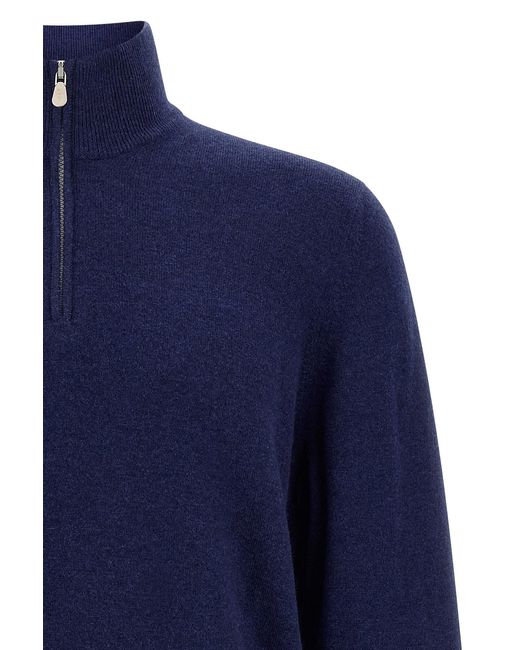 Brunello Cucinelli Blue Cashmere Half-Zip Sweater for men