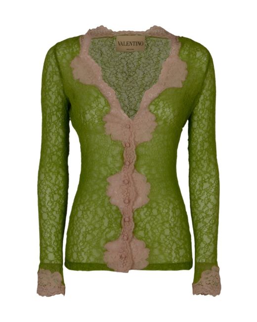 Valentino Green Lace Detailed V-Neck Cardigan
