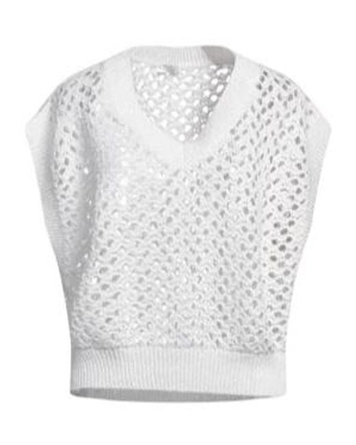Brunello Cucinelli White Solid-Color Short-Sleeved Knitted Top
