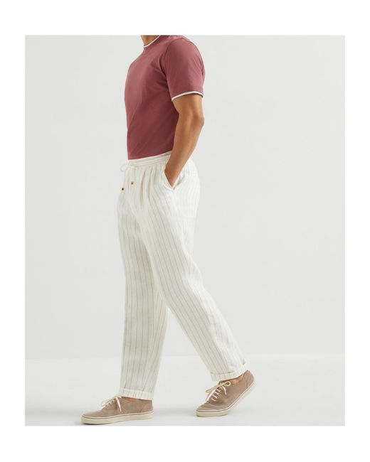 Brunello Cucinelli White Stripe Drawstring Pleated Trousers for men
