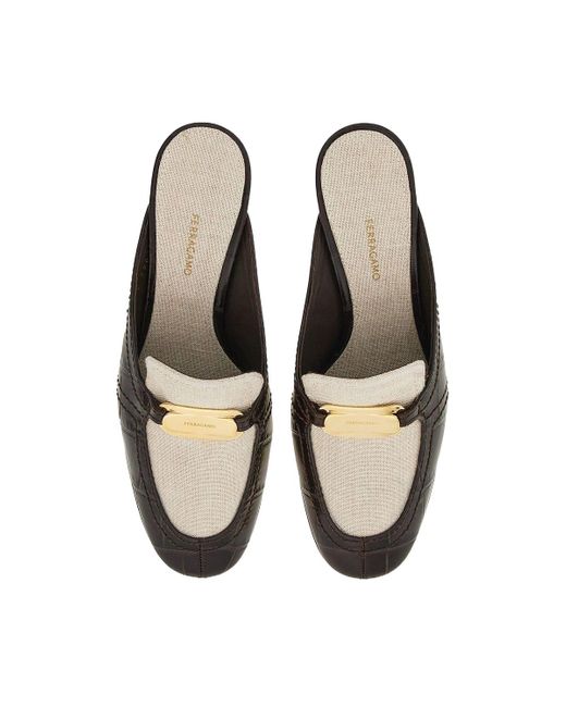 Ferragamo White Crocodile-Effect Mules