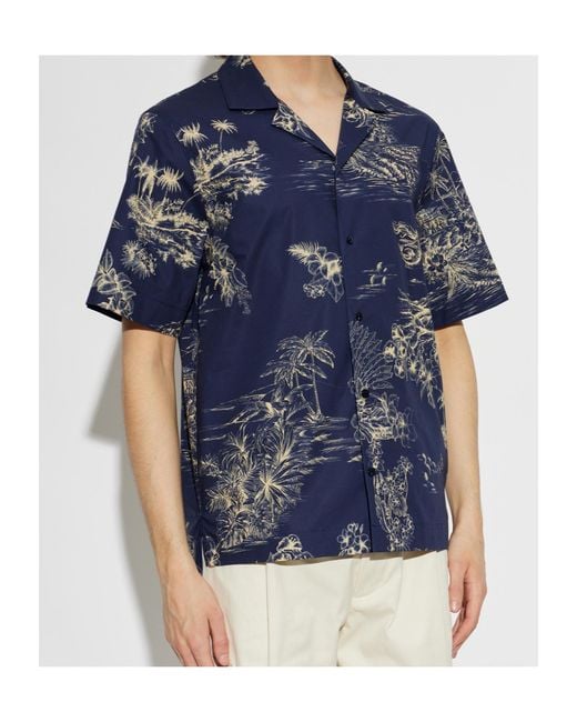 Moncler Blue Floral Printed Short-Sleeved Shirt for men
