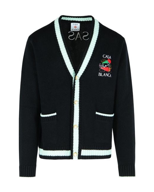 Casablanca Black Pattern Intarsia-Knit V-Neck Cardigan for men