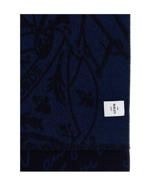 Berluti Blue Scritto Knit Scarf for men