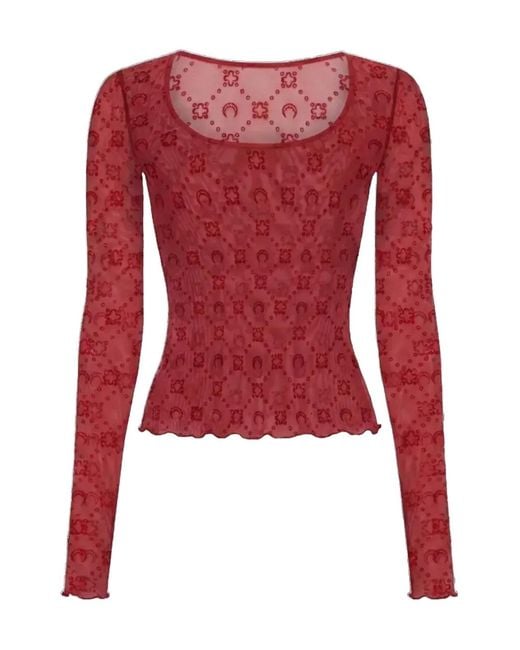 MARINE SERRE Red Moonogram Mesh Flock Long Sleeves Roundneck Top