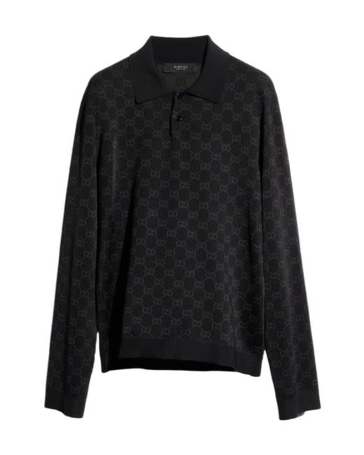 Gucci Black Viscose Gg Jacquard Polo Shirt for men