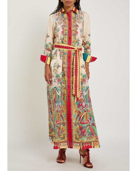Etro Red Printed Belted Cotton-Poplin Midi Shirt Dress