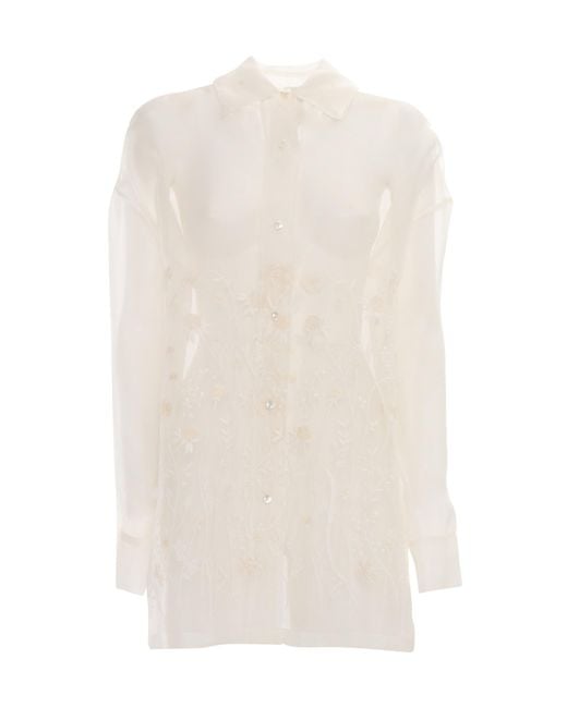 P.A.R.O.S.H. White Sheer Floral Embellished Shirt