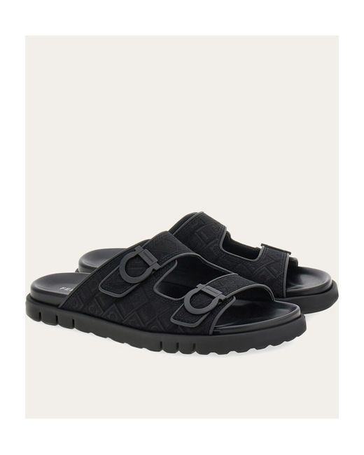 Ferragamo Black Logo Double Strap Slippers for men