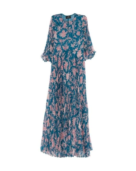 Etro Blue Printed Maxi Pleated Dress