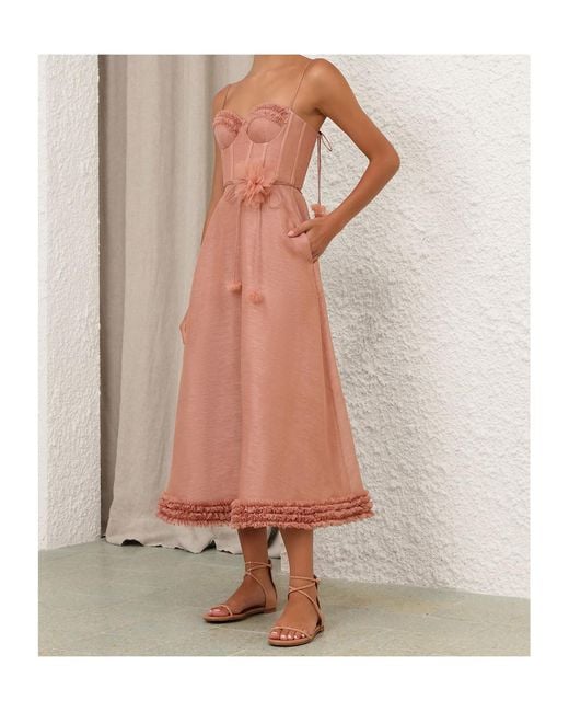 Zimmermann Pink Luna Ruffle Midi Dress