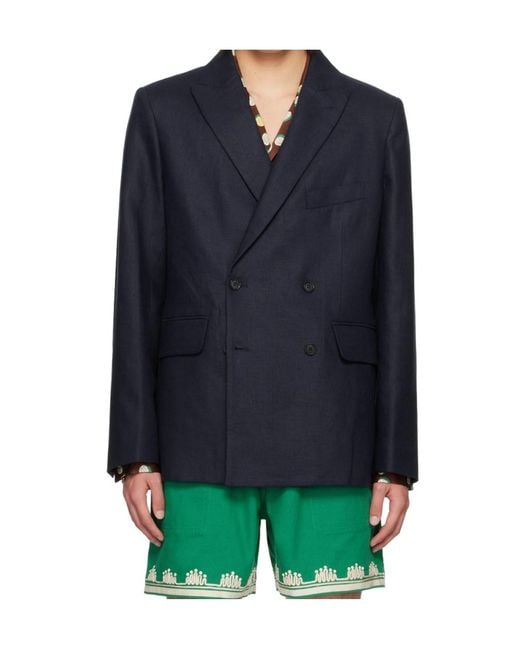 Bode Blue Double-Breasted Suit Jacket for men