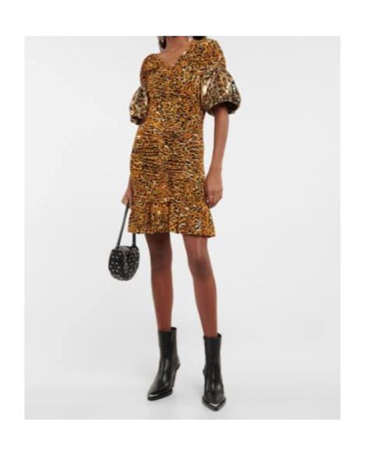 Rabanne Yellow Embellished Animal-Print Ruched Minidress