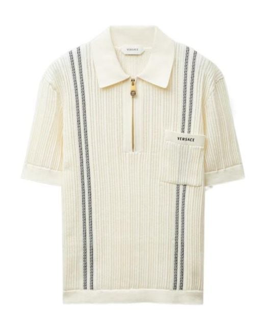 Versace White Logo-Embroidered Knitted Polo Shirt for men