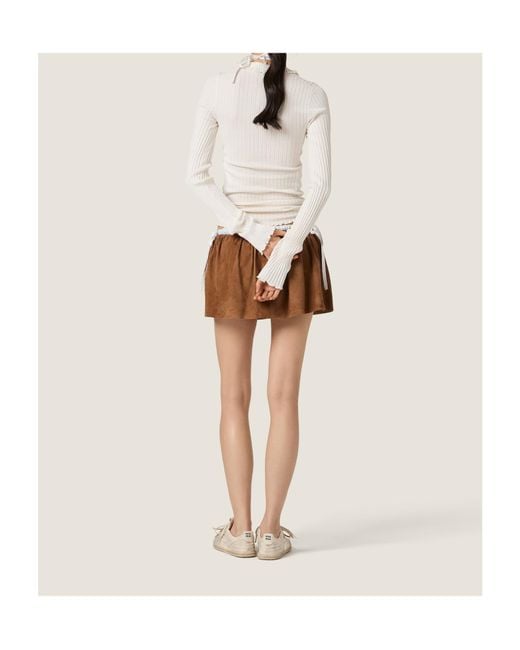 Miu Miu White Long-Sleeved Ribbed T-Shirt