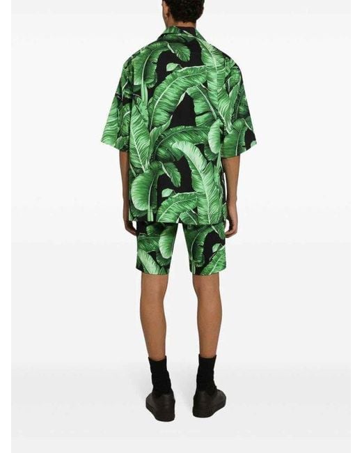 Dolce & Gabbana Green Leaf-Print Silk Shirt for men