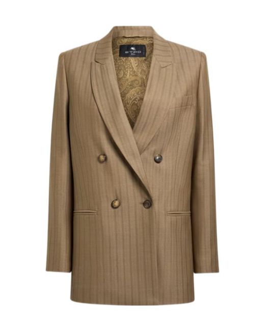 Etro Natural Double-Breasted Wool Jacquard Jacket With Striped Pattern