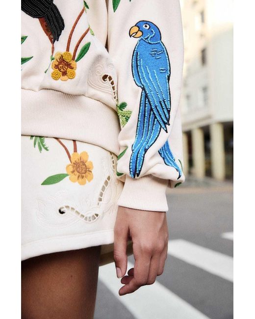 Farm Rio White Bird-Embroidered Sweatshirt