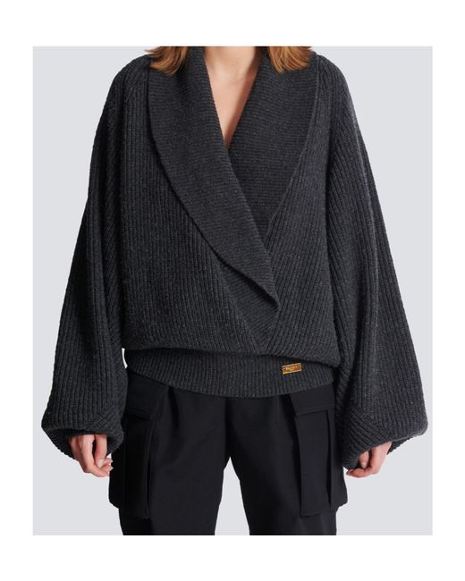 Balmain Black Batwing Open-Neck Ribbed Knit Sweater
